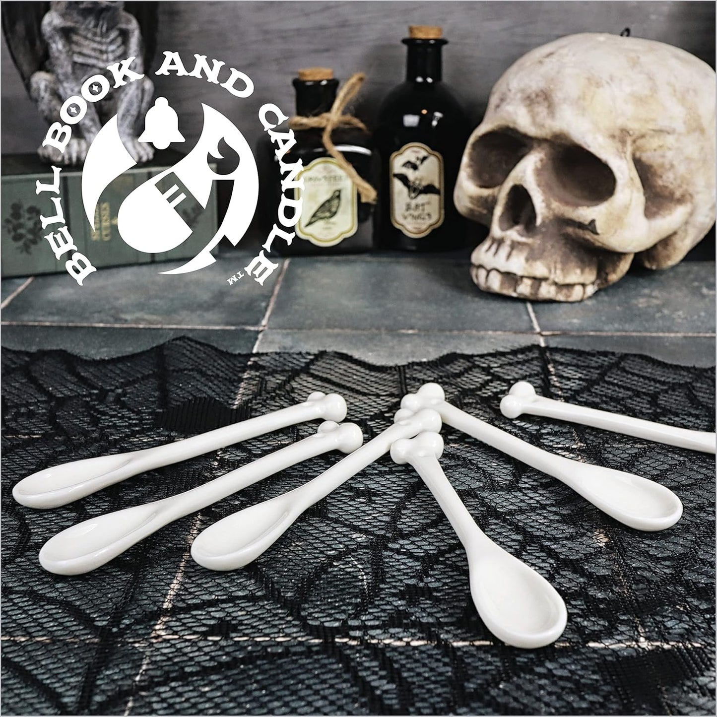 Set of 6 Ceramic Bone Spoons, Spooky Valentines Day Gifts, Goth Decor, Skull Spoon for Gothic Tea Set