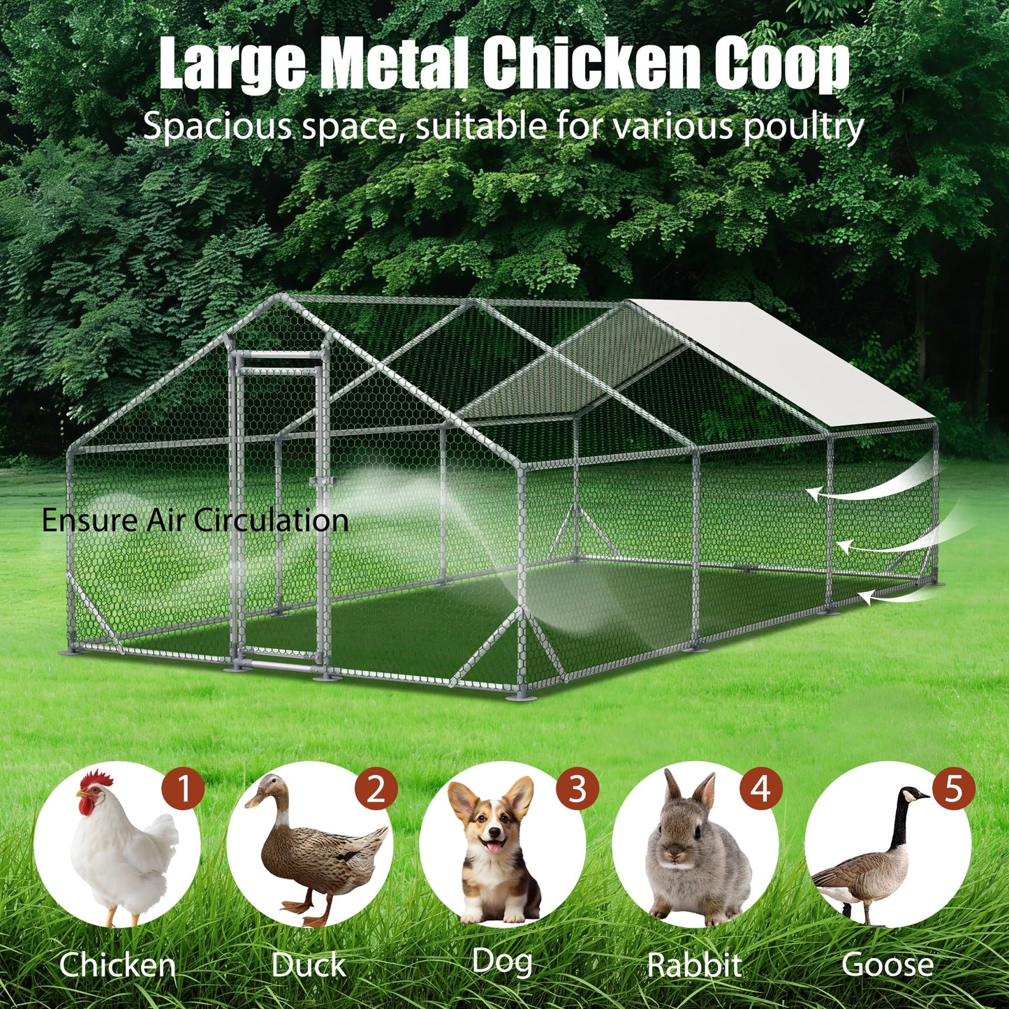 YOPTO Chicken Coop,10x20x6.56ft Large Metal Chicken Coop with Run,Walk in Chicken Run W/Removable Waterproof & Anti-Ultraviolet Cover,Chicken Pen W/Security Lock,Hen House Enclosure for Farm,Yard