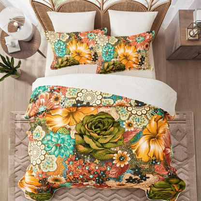 Boho Floral Quilt Sets King Size Reversible Mid Century Quilt Bedding Set Bohemian Design Soft Bedspread 3 Pieces Microfiber Lightweight Coverlet with 2 Pillow Shams for All Seasons, 106''x96''