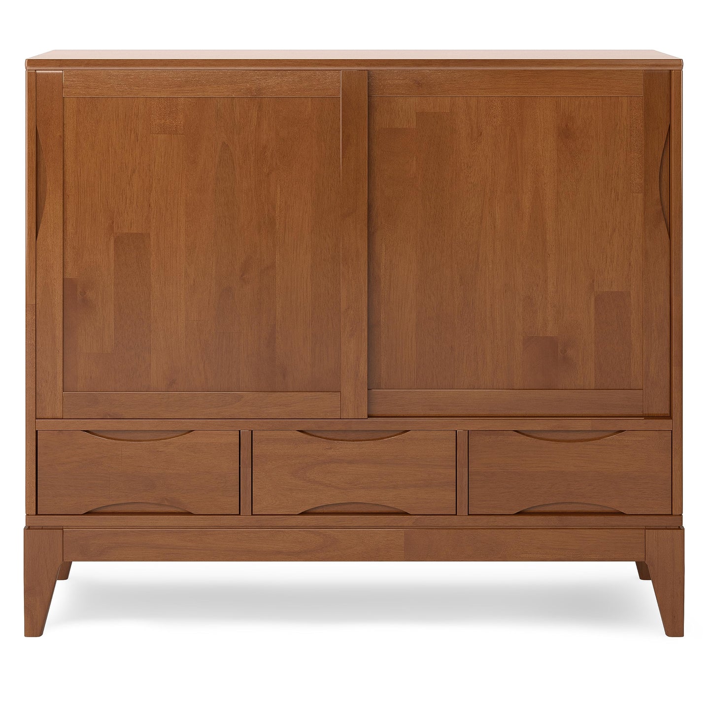 SIMPLIHOME Harper Medium Storage Cabinet - 48 inch Wide Solid Hardwood Sliding Door Cabinet in Teak Brown, Mid-Century Modern Cupboard for Living Room or Entryway with 3 Drawers and Tapered Legs