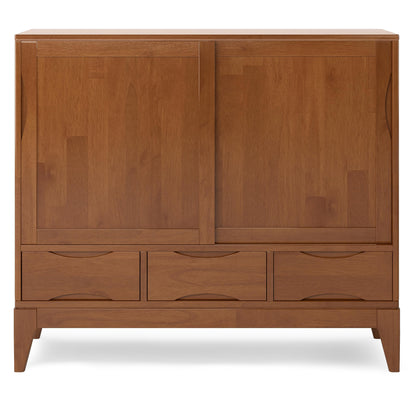 SIMPLIHOME Harper Medium Storage Cabinet - 48 inch Wide Solid Hardwood Sliding Door Cabinet in Teak Brown, Mid-Century Modern Cupboard for Living Room or Entryway with 3 Drawers and Tapered Legs