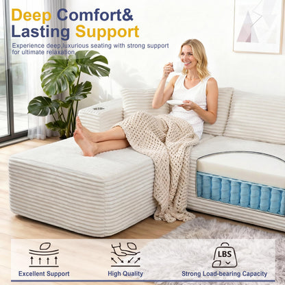 Shintenchi Boneless Couches for Living Room,Modular Sectional Sofa with 2 Cup Holders,Memory Foam Cloud Couch with L Shaped Oversized Chaise,No Assembly Needed Plush Corduroy Sofa,White