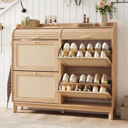 LINSY Shoe Storage Cabinet, Rattan Shoe Cabinet Wood Shoes Rack Cabinets with Sliding Tambour Door, Large Flip Drawer Shoe Cabinet Boho Hidden Shoe Storage for Entryway, Front Door, Hallway, Oak