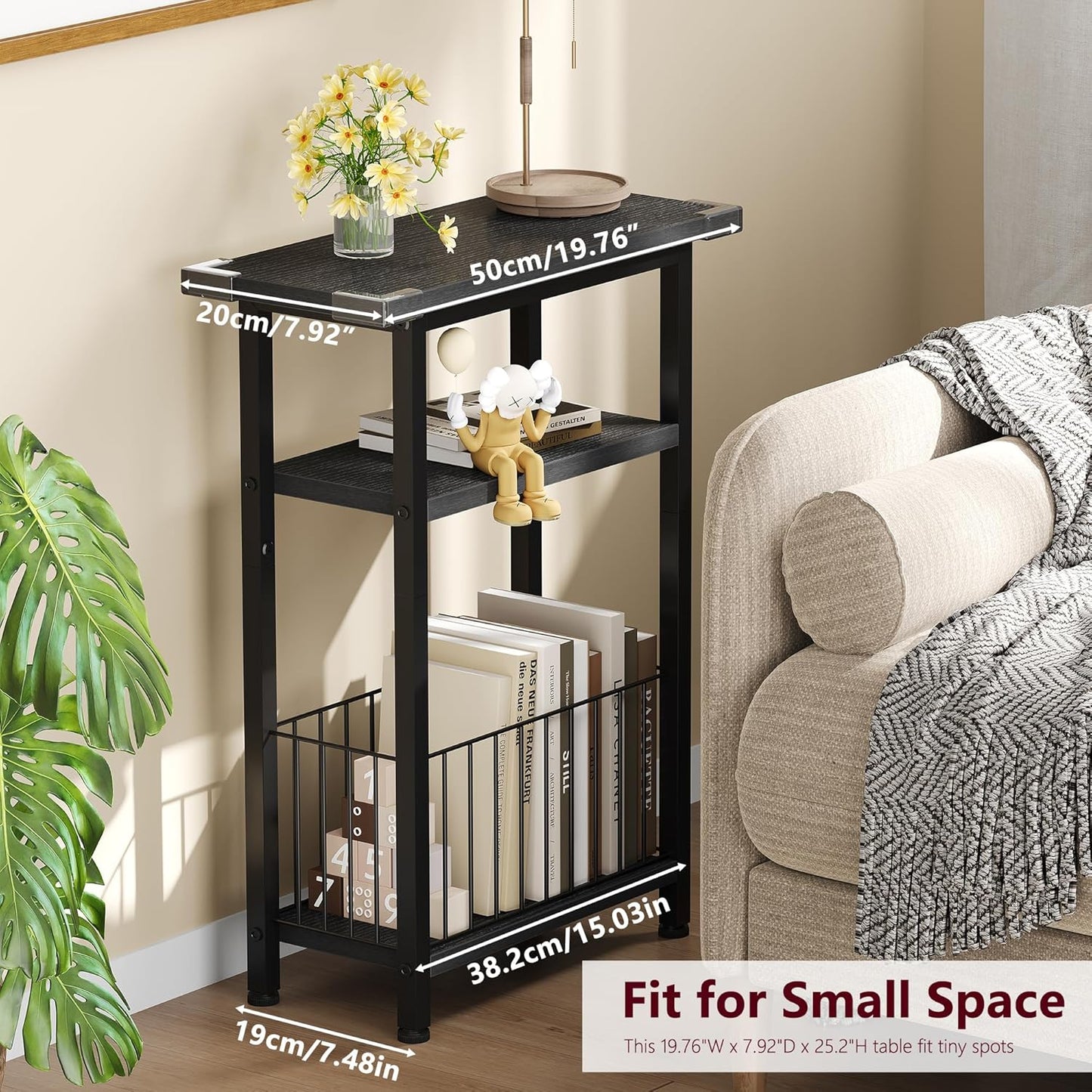 25.2" HET004BK1 Heybly Small Narrow Side Table for Small Space, Thin Bedside Table with Storage Basket, Skinny End