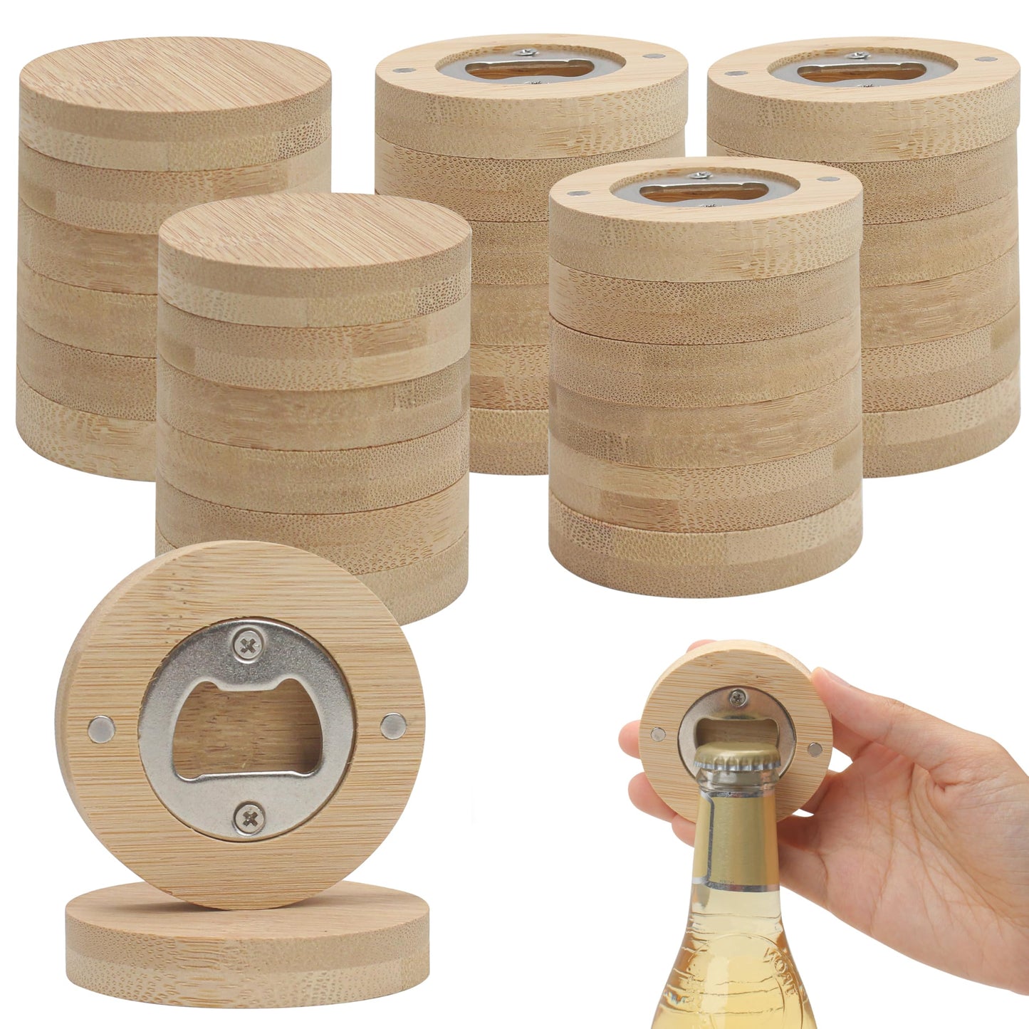 30pcs Bamboo Bottle Opener, Wood Bulk Wooden Openers, Fridge Magnet Round Beer Opener, 2.6" Magnetic Sticker for DIY Bar Decoration Refrigerator Coaster Gift Guest Lover Wedding Kitchens Home Parties