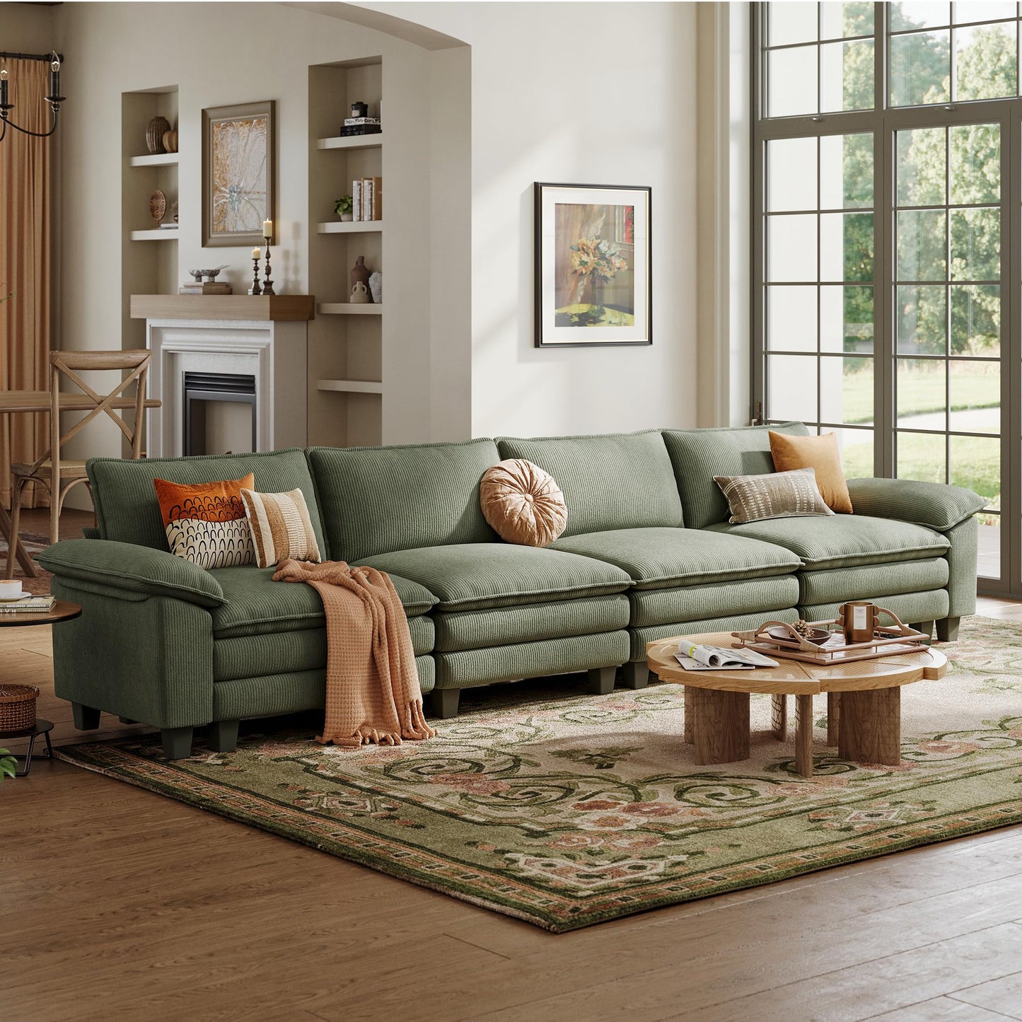 LINSY HOME Modular Sectional Sofa - 157 Inch Oversized Corduroy Cloud Couch with Movable Ottoman Soft Modern Comfy Sofa Set for Living Room Apartment Office, Green
