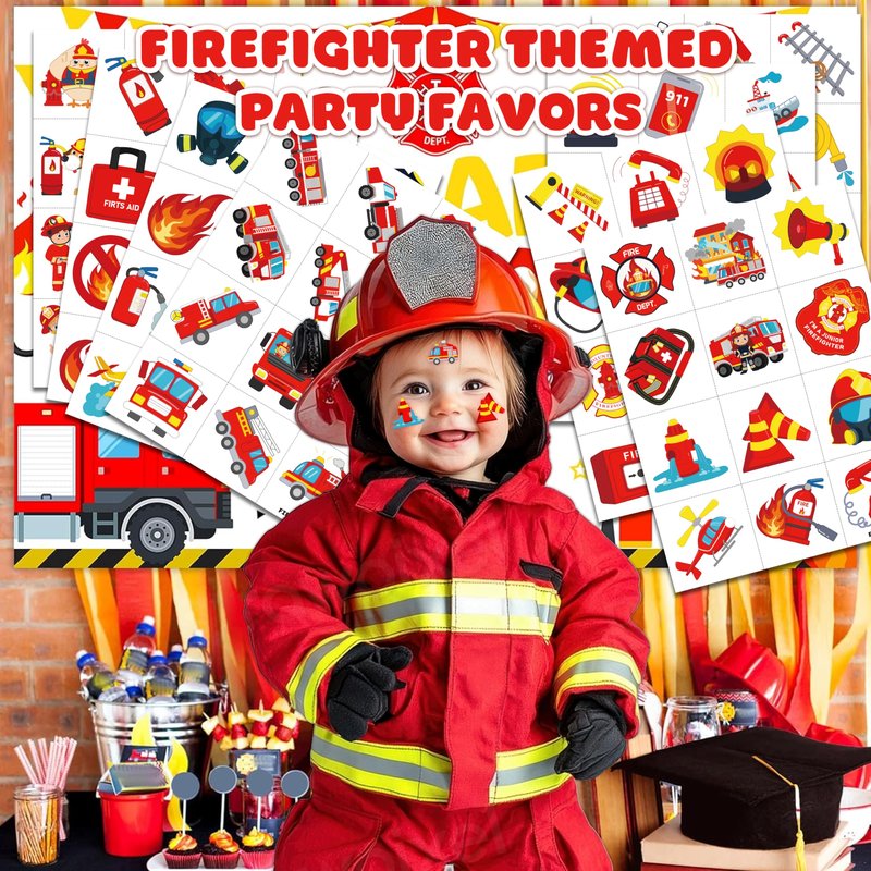 96 PCS Firefighter Firetruck Pre-Cut Temporary Tattoos for Kids | Super Cute Themed Birthday Party Favors,Goodie Bags Fillers, Supplies, Decorations, Fake Tattoo Stickers (Multiple)