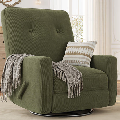 GarveeHome Recliner Chairs, Swivel Rocker Recliner, Glider Recliner Nursery Chair for Adults, 360° Swivel Glider Rocking Chair for Living Room, Bedroom, Office, RV, Small Spaces, Corduroy, Green