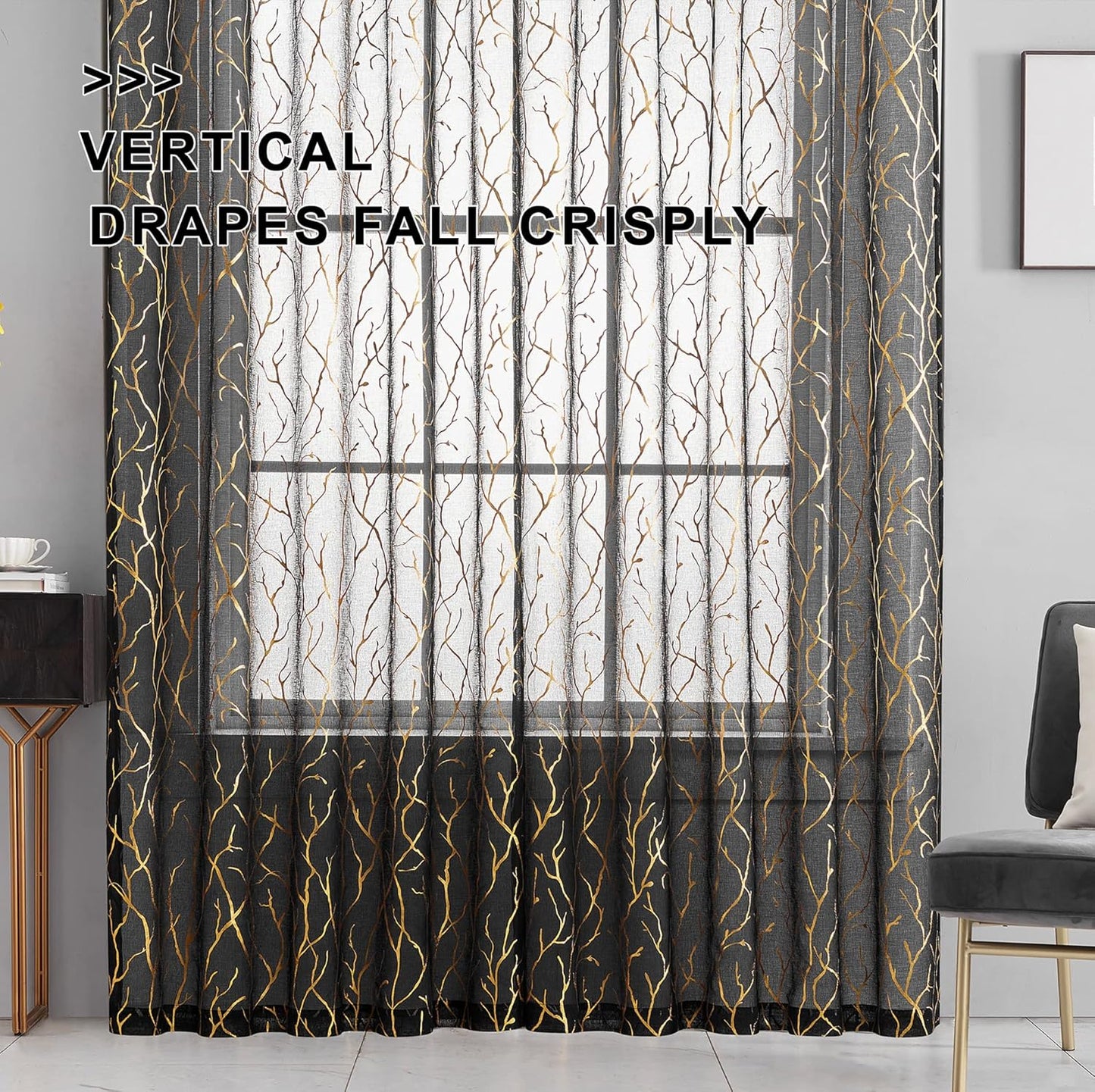 FINECITY Black Gold Sheer Curtains, Metallic Gold Foil Tree Branch, 63 Inch Length, Set of 2