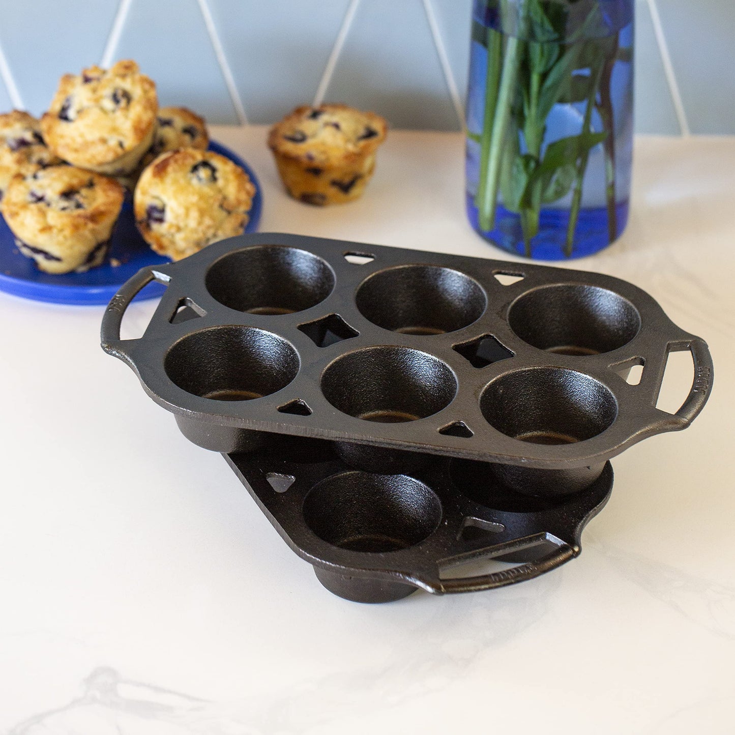 Lodge Seasoned Cast Iron Muffin Pan Set - Six-Well Bakeware Set for Muffins, Cupcakes, Cornbread & Homemade Favorites - Includes Looped Handles - 2-Pack