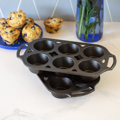 Lodge Seasoned Cast Iron Muffin Pan Set - Six-Well Bakeware Set for Muffins, Cupcakes, Cornbread & Homemade Favorites - Includes Looped Handles - 2-Pack