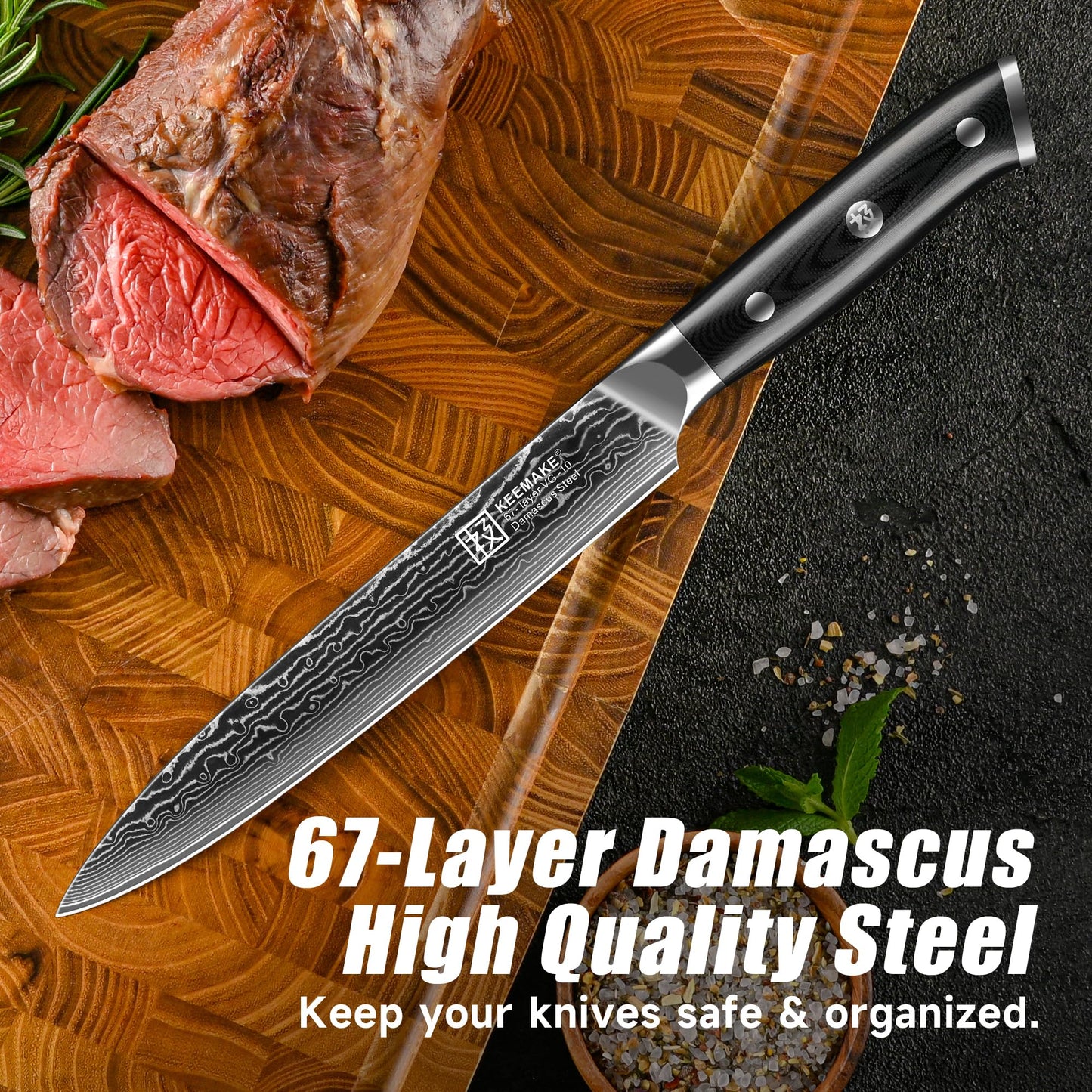 KEEMAKE Carving Knife for Meat, 8 Inch Ultra Sharp Damascus Kitchen Knives with G10 Ergonomic Handle, Brisket Knife for Meat Cutting, Japanese Knives for BBQ Ham Roast Turkey Vegetable