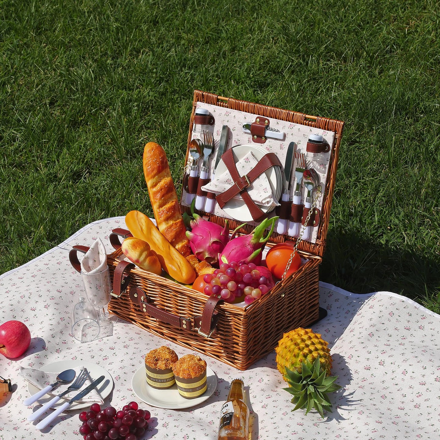 Picnic Baskets Wicker Willow Picnic Set for 4 Persons with Insulated Cooler Bag and White Floral Waterproof Picnic Blanket Gift for Christmas Thanksgiving Wedding Birthday Camp Outdoor Beach Travel