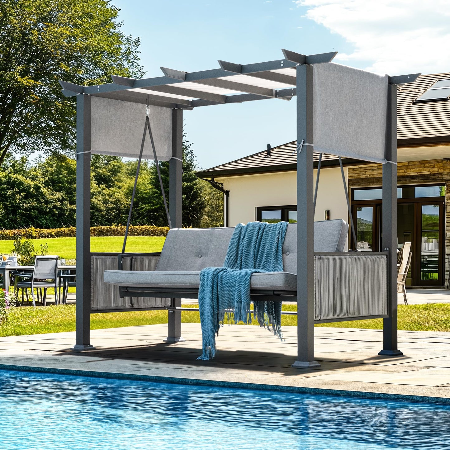 Pamapic 2-in-1 Convertible Porch Swing Bed, 3-Seat Elegant Patio Swing with Wicker Armrests, Outdoor Chair with Adjustable Canopy for Balcony, Garden, and Poolside, Gray