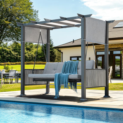 Pamapic 2-in-1 Convertible Porch Swing Bed, 3-Seat Elegant Patio Swing with Wicker Armrests, Outdoor Chair with Adjustable Canopy for Balcony, Garden, and Poolside, Gray