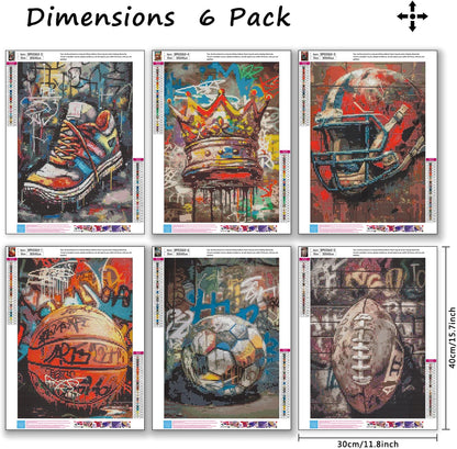 6 Pack ball games Diamond Art Kits for Adults, 5D DIY graffiti style Diamond Painting Kits for Beginner, Diamond Dots Full Drill Crafts for Gem Art for Adults Home Wall Decor for Boys Girls 12x16 inch