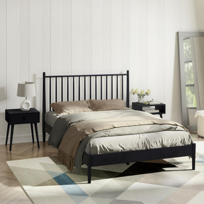 NTC Inno Wooden Bed Frame with Headboard, Solid Oak and Rubber Wood Foundation with Silent Slats and Wood Central Supports, 1000 Lb Capacity, Effortless Assembly, King - Burnt Black