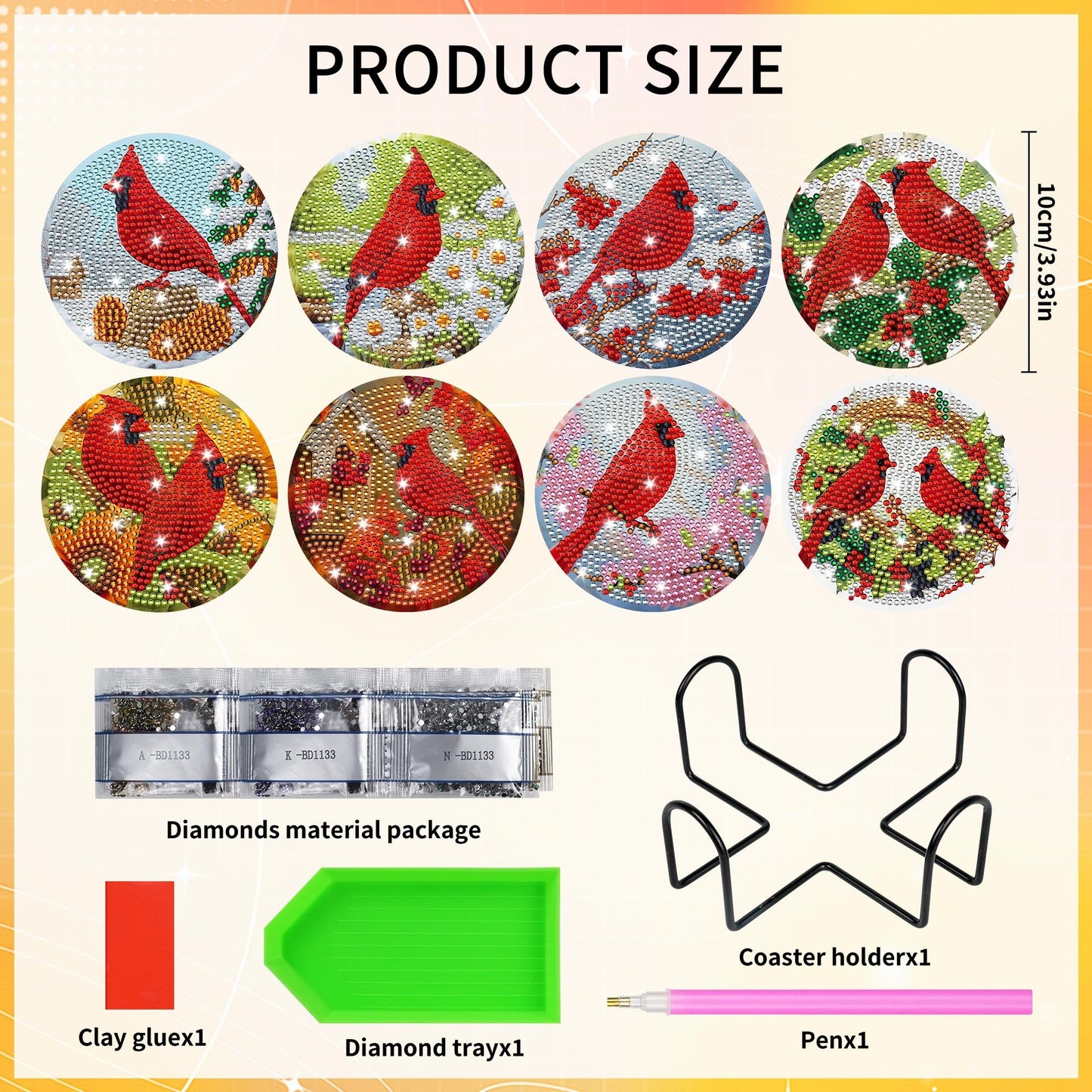 Cardinal Diamond Art Coasters Kit, 8 Pcs Red Bird Diamond Painting Coaster with Holder and Cork Pads, Non-Slip DIY Coasters Art for Adults Beginners DIY Craft Home Decor, Christmas Birthday Gifts