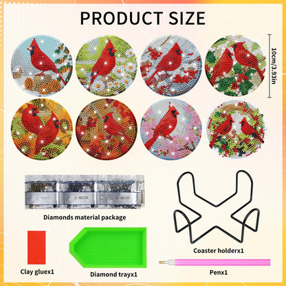 Cardinal Diamond Art Coasters Kit, 8 Pcs Red Bird Diamond Painting Coaster with Holder and Cork Pads, Non-Slip DIY Coasters Art for Adults Beginners DIY Craft Home Decor, Christmas Birthday Gifts