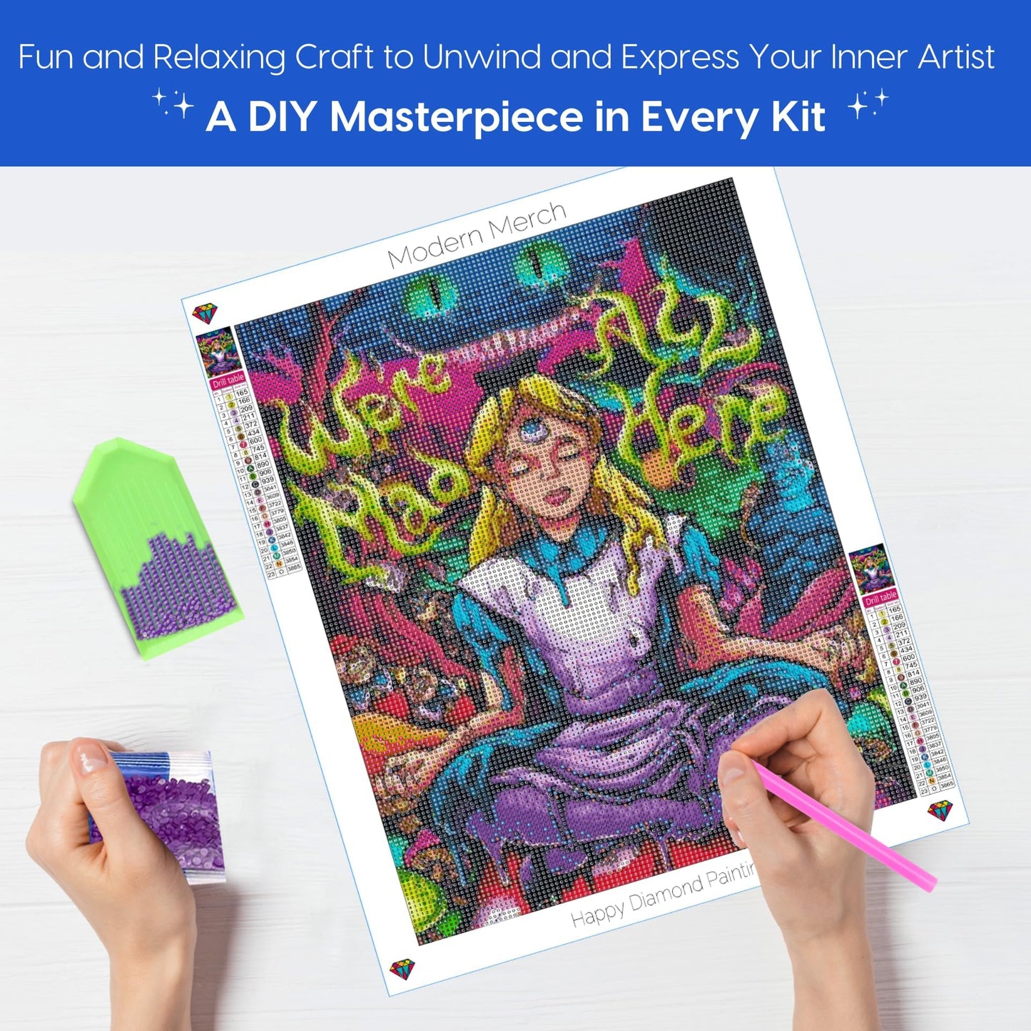 Modern Merch Alice in Wonderland Diamond Art Kits for Adults 'We're All Mad Here' 5D Diamond Painting for Adults, DIY Trippy Wall Art, Cross Stitch Gem Art, Full Round Drill 12x16