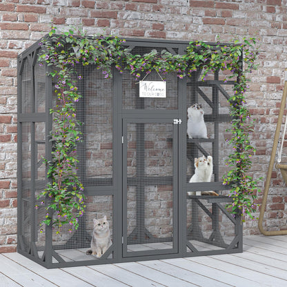 Ball & Cast 59" Wooden Catio Enclosure Outdoor Cat House with Anti-UV& Waterproof, Platforms and Resting Boxes Walk-in Cat Kennel Shelter for Indoor,Dark Grey