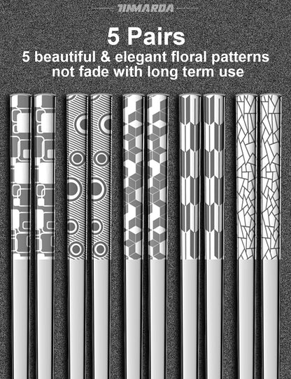 TINMARDA Metal Chopsticks Reusable 18/8 Stainless Steel Chopstick Sleek Engraving Patterns Chop Sticks Reusable Dishwasher Safe Non-Slip Japanese Korean ChopStick 5 Pairs Present Set