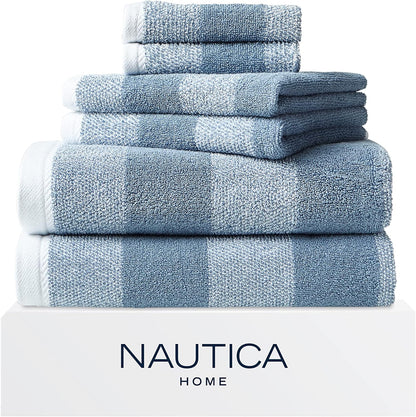 Nautica Bath Towel Set - Plush Cotton, Absorbent & Quick-Dry | Striped Americana Decor, Set of 6 in Oak Lake Blue