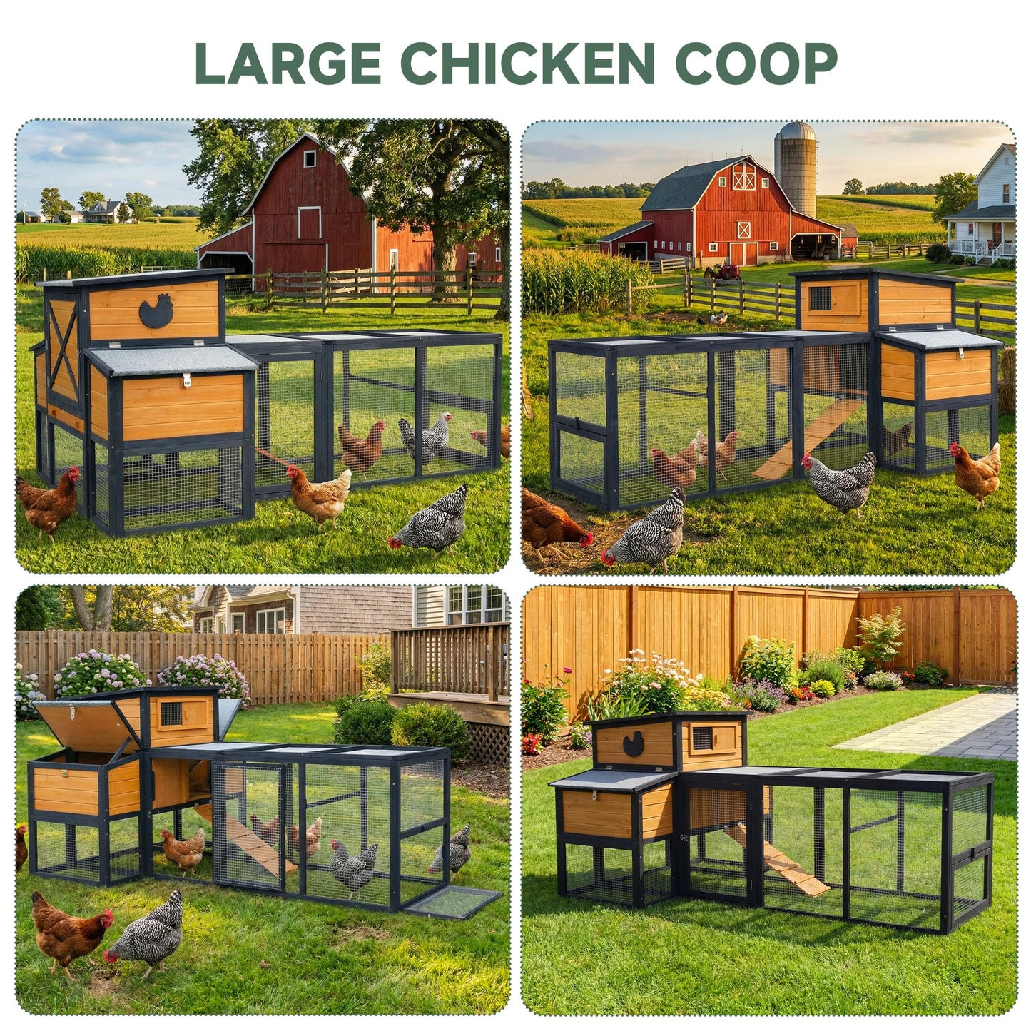 RUNSHED 83" Large Wooden Chicken Coop with Run, Outdoor Chicken House for 4-6 Chickens, Ventilation Window & Sliding Doors, Waterproof Felt Roof, Easy-Clean Full Rear Door, Predator-Proof Latches