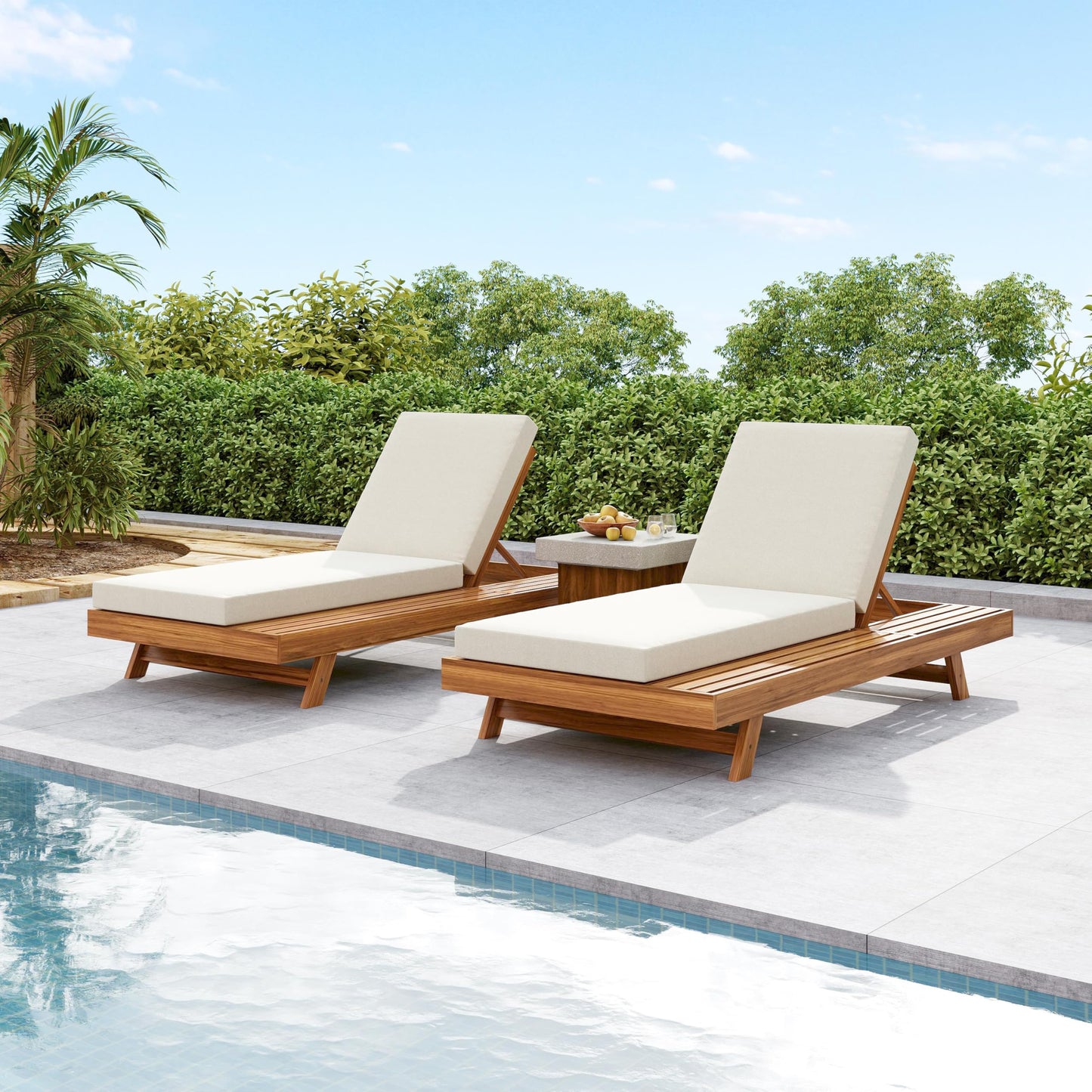Christopher Knight Home Hamill Acacia Wood Chaise Lounge Chair Outdoor Set of 2, Adjustable Backrest Sun Lounger Recliner, Patio Outdoor Chaise Lounge with 4" Thick Water-Resistant Cushion,Teak+Cream