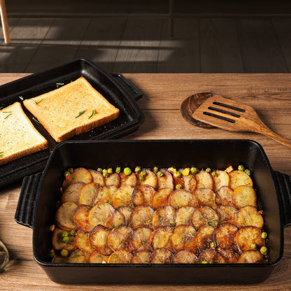 Northriver Casting 2-In-1 Pre Seasoned Cast Iron Dutch Oven With Skillet Lid,Casserole Dish,Rectangular Baking Pan,Griddle Pot Set, 6QT, 9"x13"