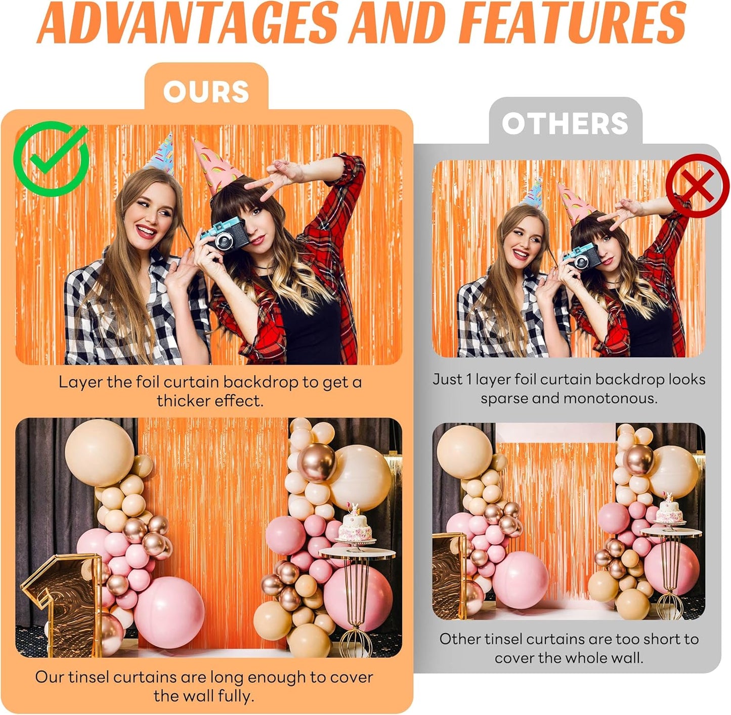 BTSD-home Orange Foil Fringe Curtain - Metallic Photo Booth Backdrop Tinsel Door Curtains for Wedding, Birthday, Party