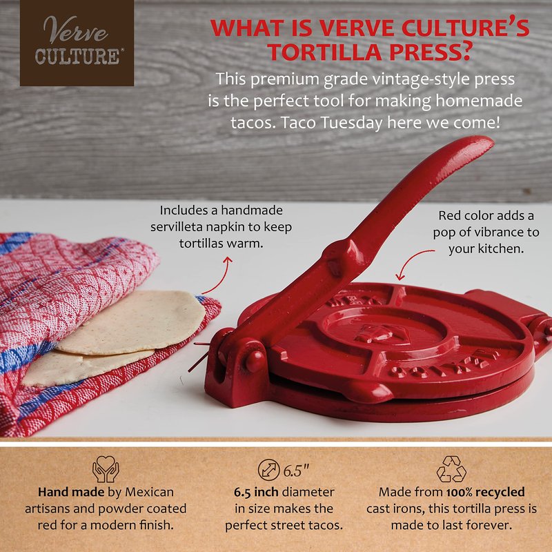 Cast Iron Tortilla Press by Verve CULTURE, Street Taco Press and Quesadilla Maker, Aplastador de Tortillas, Tortilleria Kit with Handmade Servilleta Napkin and Recipe Booklet, 6.5”