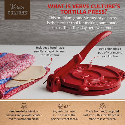 Cast Iron Tortilla Press by Verve CULTURE, Street Taco Press and Quesadilla Maker, Aplastador de Tortillas, Tortilleria Kit with Handmade Servilleta Napkin and Recipe Booklet, 6.5”