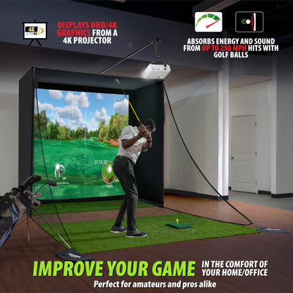 Complete Golf Simulator Enclosure Package – 4K-Ready Impact Screen with Blackout Cage, Projector Mount, Frame Poles, Side Shank Nets | Indoor & Garage Practice | Easy Setup | 12-Month Warranty