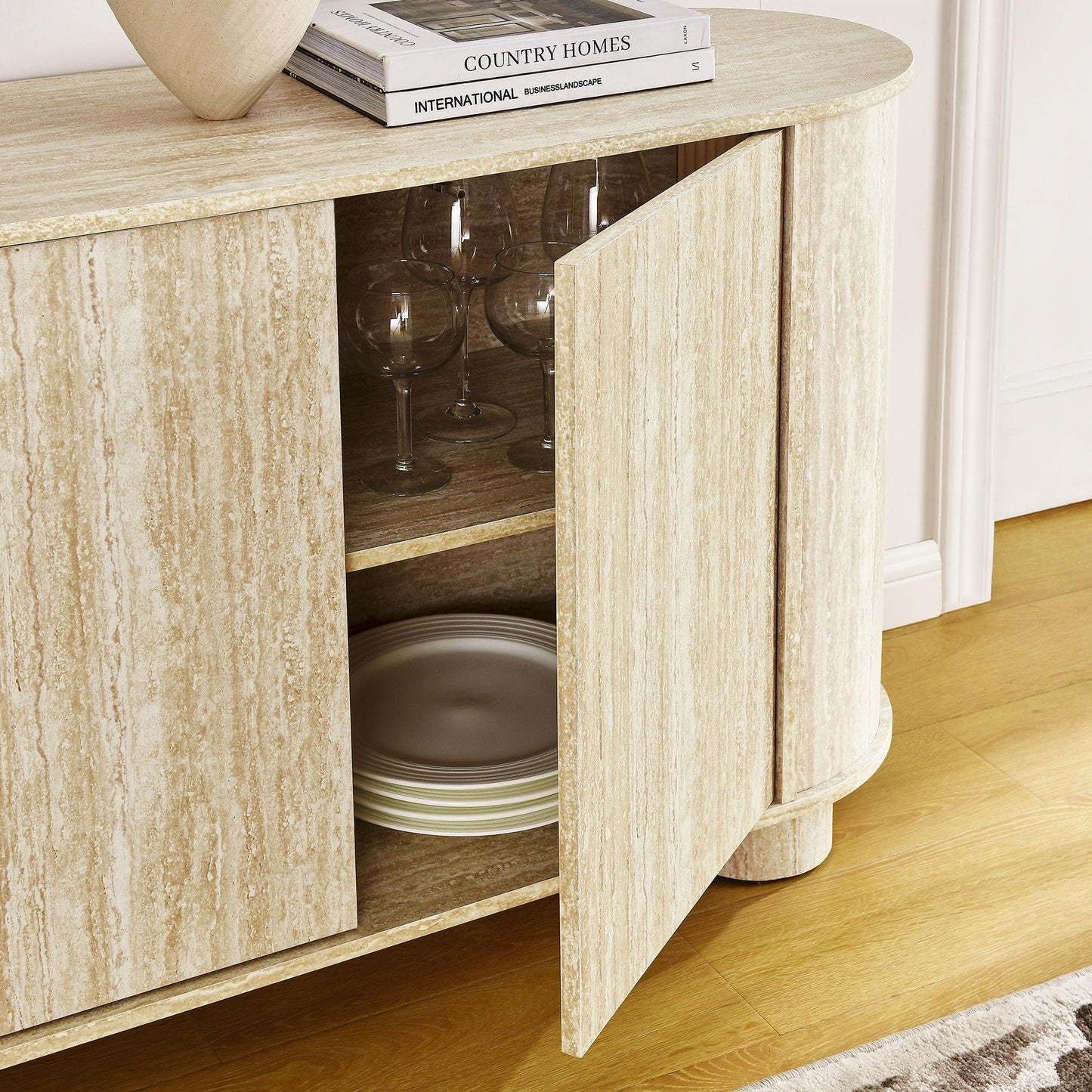 Modway Overture 63 Inch Oval Sideboard in Travertine - Buffet Cabinet with 3 Doors - Media Stand for Wall-Mounted TVs - Rounded Side Cabinet Console for Dining Room, Living Room, Hallway