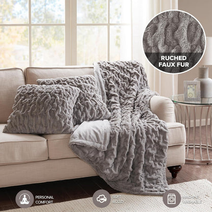 Set 2 50"x 60" Comfort Spaces Ruched Faux Fur Plush Throw Blanket and Pillow with Matching Square Pillow Covers Sofa