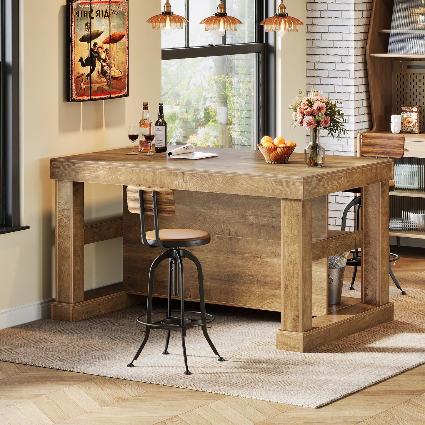 Tribesigns 55" Kitchen Island with Seating and Storage, 3-Tier Farmhouse Wood Stationary Island Table with Large Worktop & Leg Room, Coffee Bar Table with Storage Shelves for Kitchen, Natural Brown