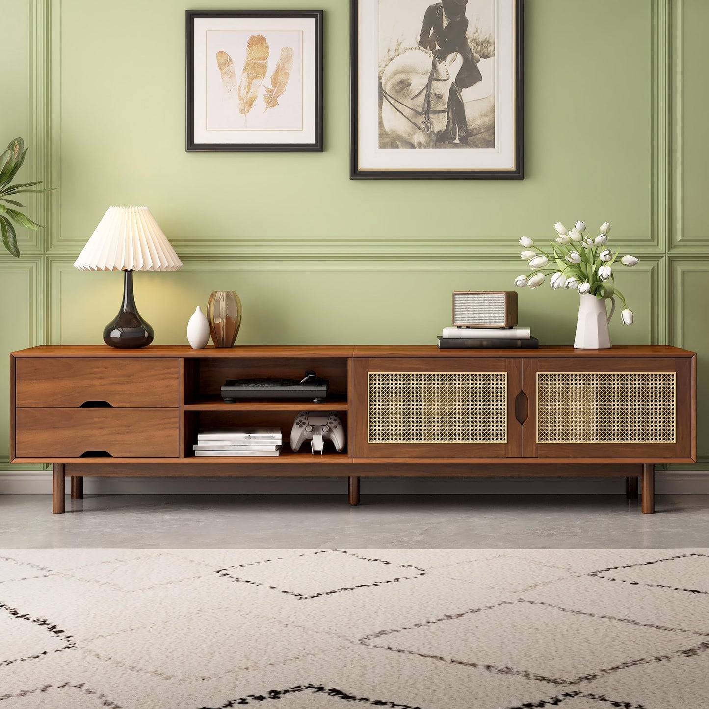 Merax Rattan TV Stand 78 Inch for 85 Inch TV, Modern Media Console with 2 Drawers, Wood Entertainment Center with Solid Wood Legs for Living Room