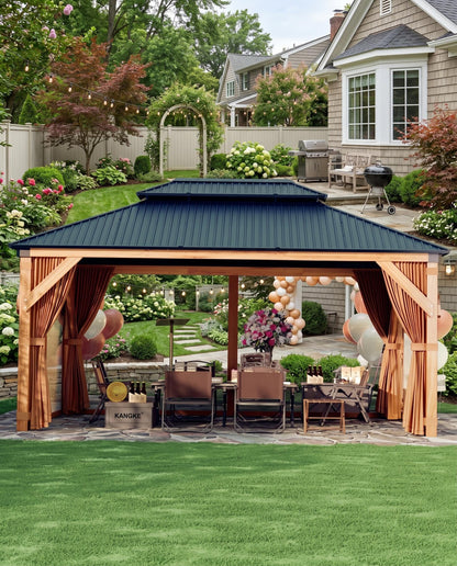 10'x12' Hardtop Wood Gazebo, Cedar Frame Outdoor Pavilion with Double Galvanized Steel Roof, Curtains and Netting Included, Ceiling Hook for Patio Backyard Deck Lawn Garden