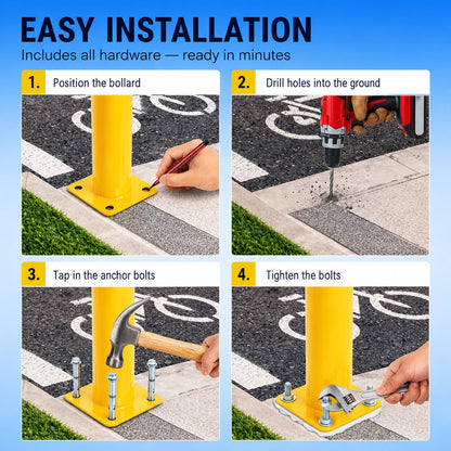 Trafford Industrial Yellow Powder-Coated Steel Safety Bollard, Heavy-Duty Bollard Post, Parking Barrier for Traffic Safety and Access Control, Hardware Included