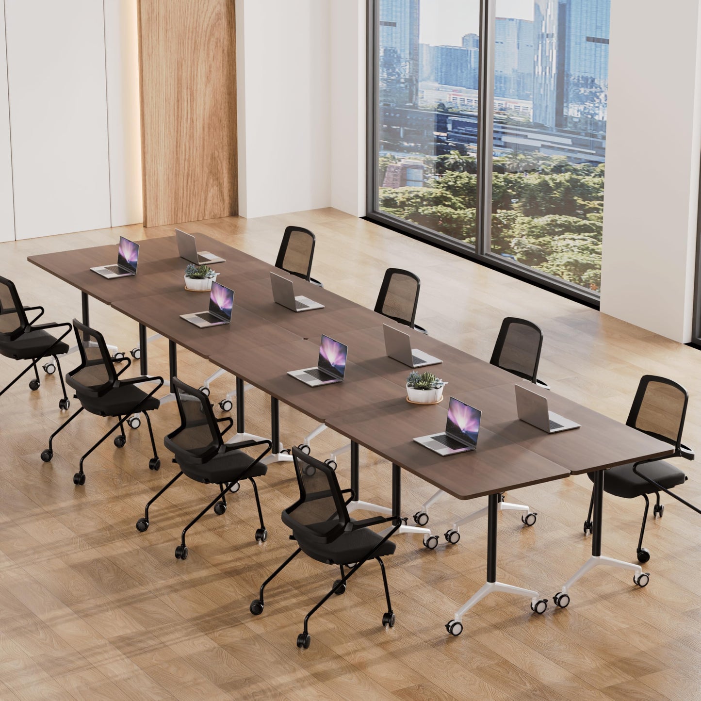 Folding Conference Table, Conference Room Tables with Wheels Foldable Large Rectangle Meeting Seminar Table for 6-12 People, Flip Top Mobile Training Table for Office Classr (4, Walnut 2, 55.1in)