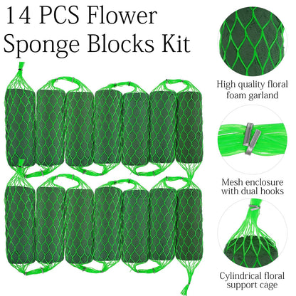 9.2Ft Flower Sponge Blocks Kit 14Pcs Floral Foam Garland – Flexible Flower Holder for Fresh & Artificial Flowers, Wedding Arch, Home & Garden Decor