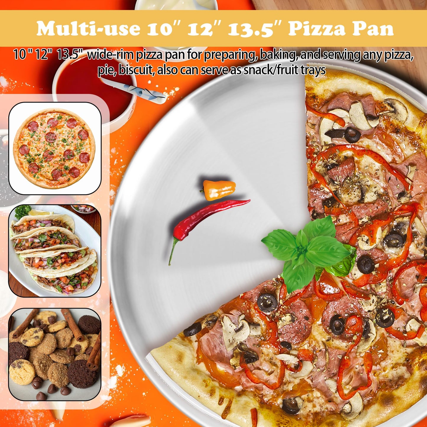 AWTBDP Pizza Pan for Oven, Non-Stick Stainless Steel Pizza Pans, Round Pizza Steel Tray for Baking Supplies & Kitchen, Restaurant, Home (13.5 Inch & 12 Inch & 10 Inch), Dishwasher Safe & Easy Clean