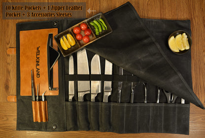 WELKINLAND 14-Pockets Knife Roll, Waxed Canvas Leather Knife Roll, Knifes bag holders, Chef Knife Roll Bag, Chef knife roll, Knife Roll Bag for Pocket Knives