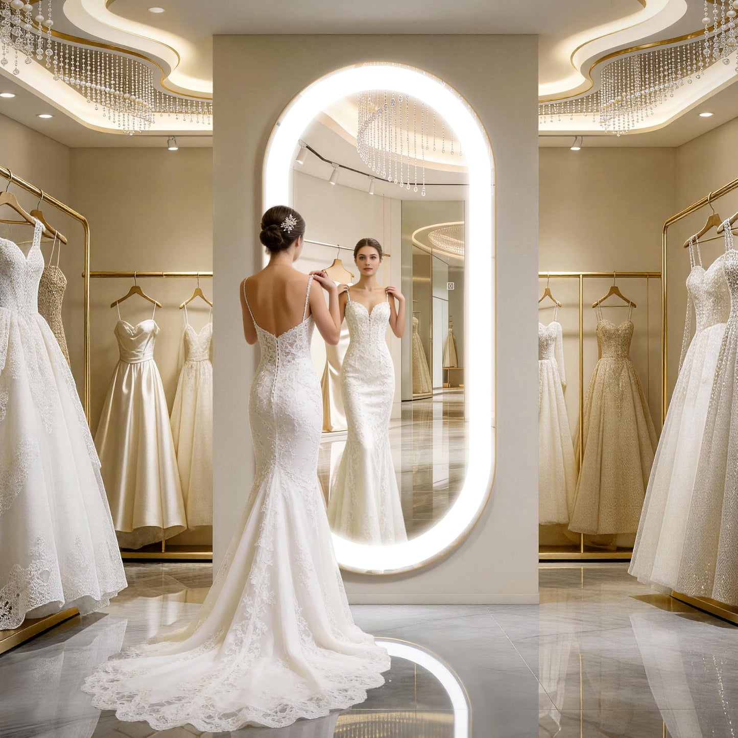 FENNIO 70" x 32" Large Wall Mounted Mirror with LED Lights, Oval Full Length LED Lighted Full Body Dressing Mirror,Salon Mirrors for Hair Stylist,Brushed Aluminum Frame, Tempered Glass(Gold