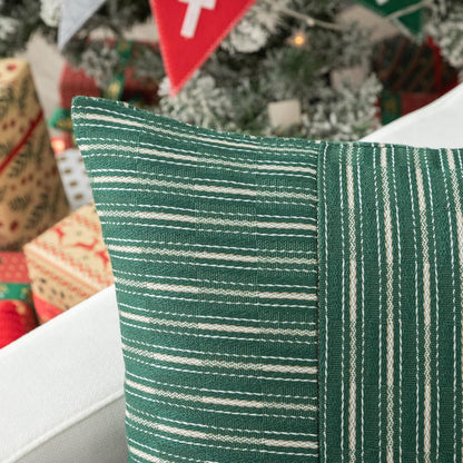 18x18, Set 2, Kevin Textile Dark Green and Beige Farmhouse Striped Patchwork Linen Decorative Throw Pillows Covers