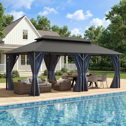 UDPATIO 12'x20' Hardtop Gazebo, Outdoor Metal Gazebo with Galvanized Steel Double Roof, Permanent Pavilion with Netting and Curtains for Lawn, Garden, Patio, Navy Blue