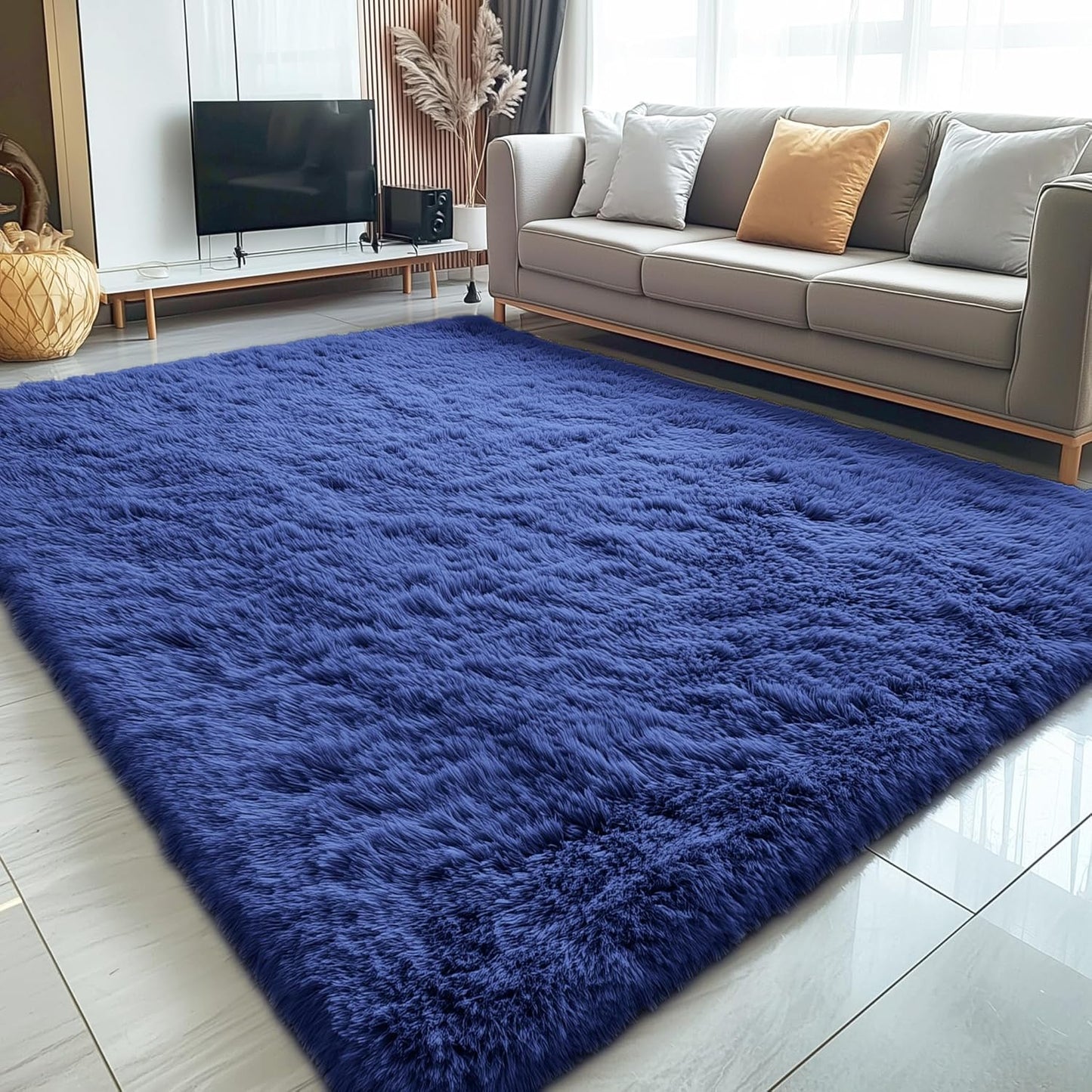 OLANLY Large Area Rug - Soft Fluffy Shaggy Carpet for Living Room & Bedroom | Navy Blue 8x12