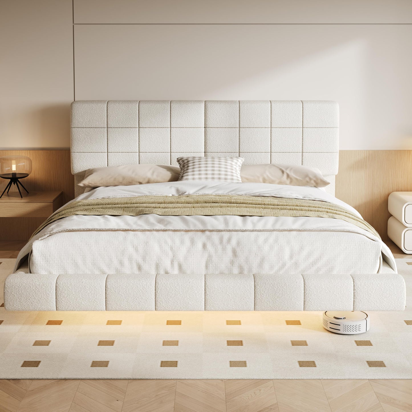 Christopher Knight Home Borden Floating Bed Frame Queen Size with Lights, Boucle Queen Size Platform Bed Frame with Headboard, Modern Floating Queen Bed Frame,No Box Spring Needed,Easy Assembly, White
