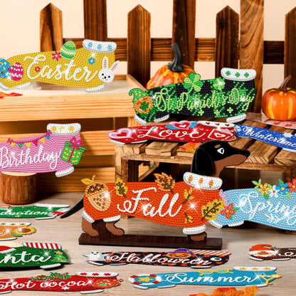 Briwooody 17 Pcs Interchangeable Seasonal Diamond Art Set for Adults Wooden Dachshund Diamond Painting Calendar 2026 Centrepieces for Holiday Spring 4th of July Summer Table Decor Accessories